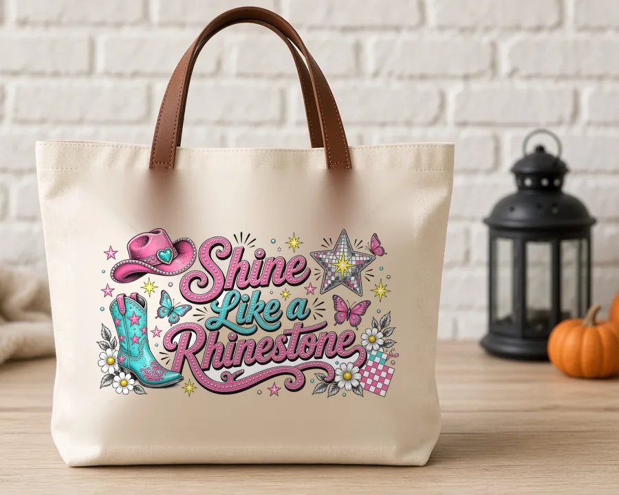 Shine Like a Rhinestone PNG design on a canvas tote bag