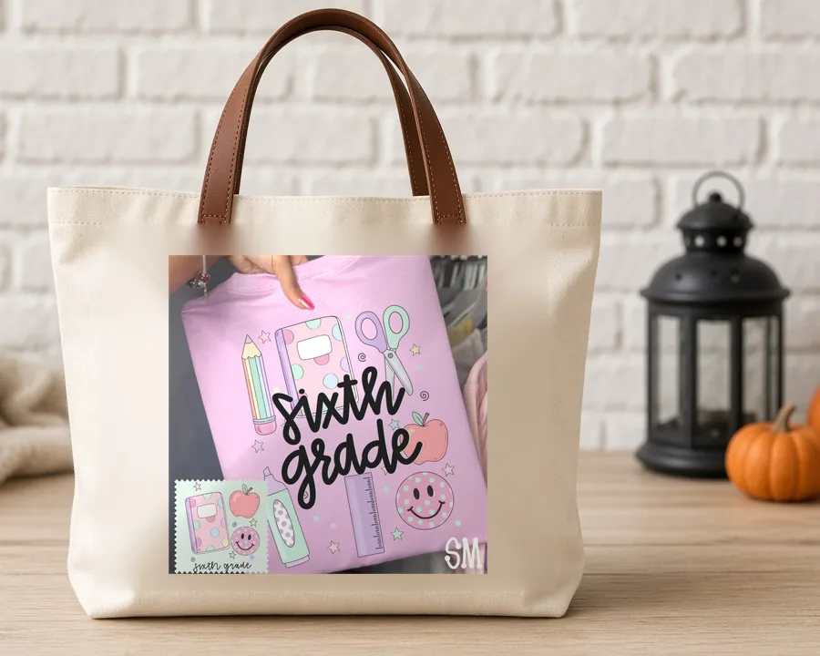 Sixth Grade Teacher Doodles PNG design on a canvas tote bag