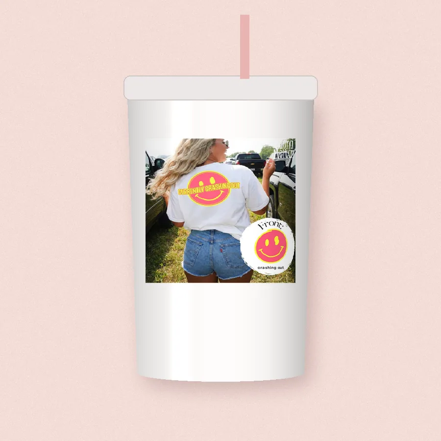 Smiley Front Pocket sublimation design on a skinny tumbler