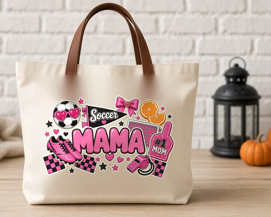 Soccer Mama Collage PNG design on a canvas tote bag