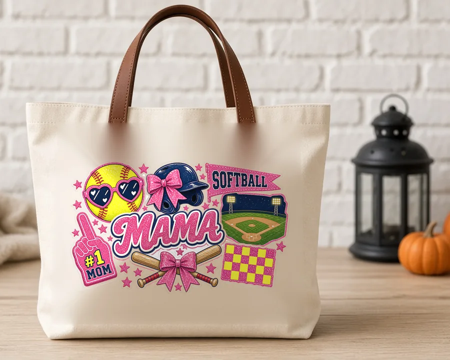 Softball Mama Collage PNG design on a canvas tote bag