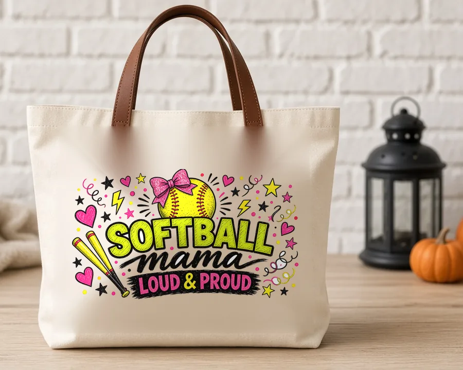Softball Mama PNG design on a canvas tote bag