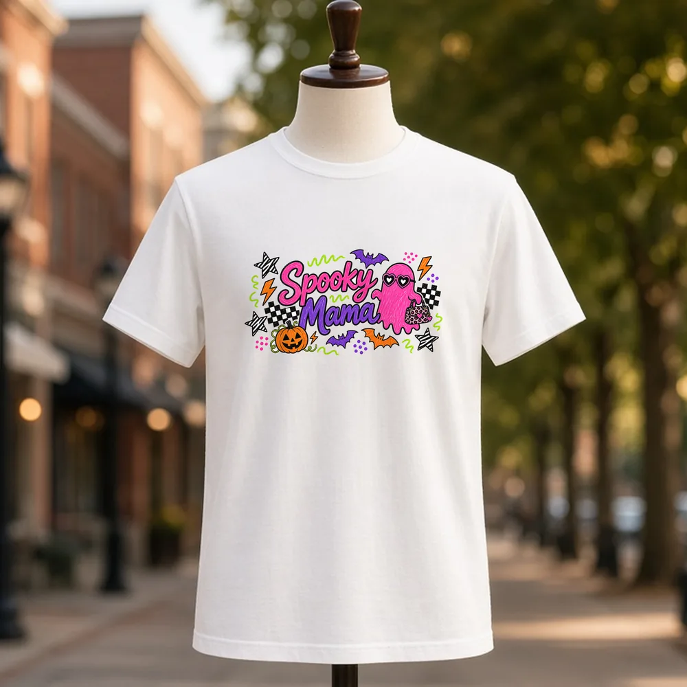 Spooky Mama Neon Doodle PNG on a white t-shirt