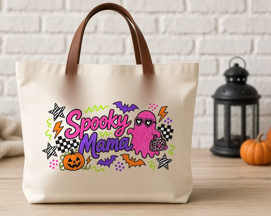 Spooky Mama Neon Doodle PNG design on a canvas tote bag