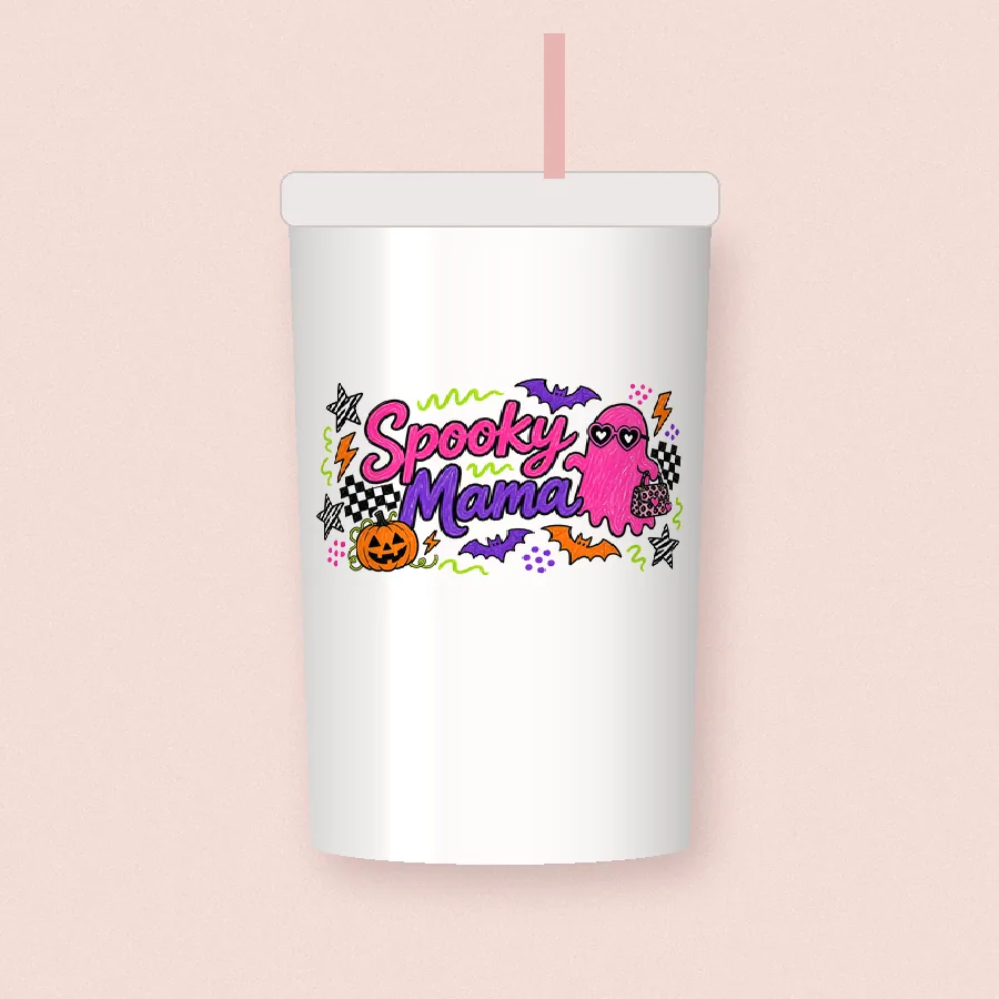 Spooky Mama Neon Doodle sublimation design on a skinny tumbler