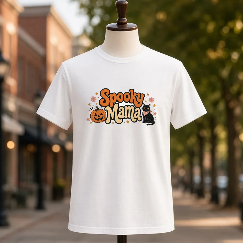 Spooky Mama retro Halloween PNG design on a white t-shirt