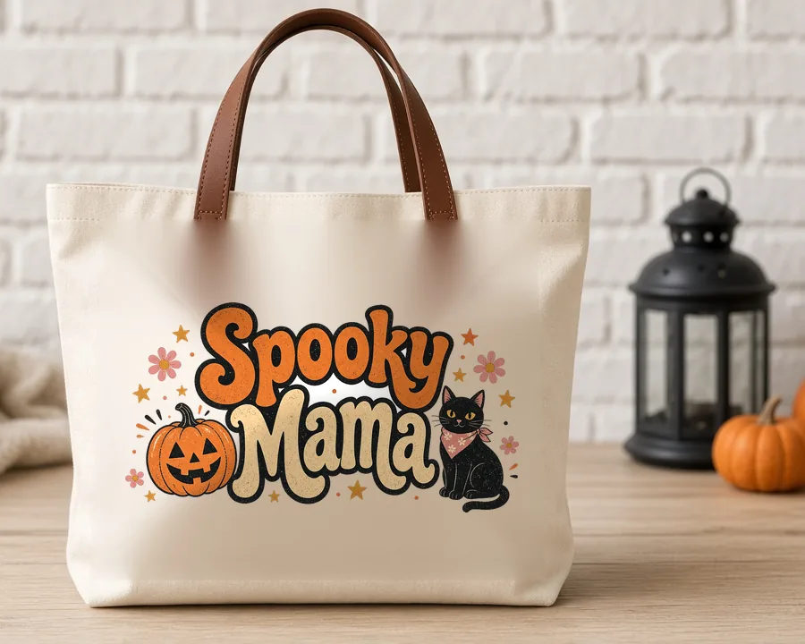 Spooky Mama Retro PNG design on a canvas tote bag