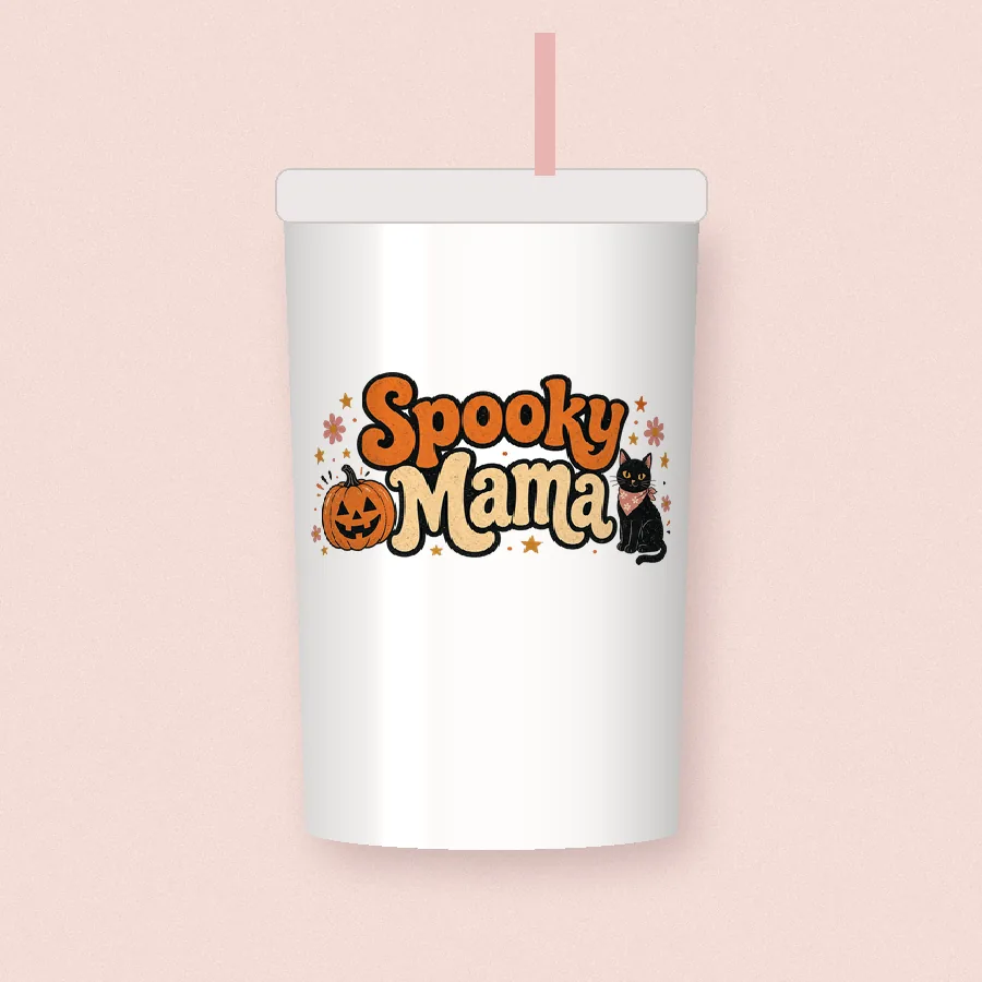 Spooky Mama Retro sublimation design on a skinny tumbler