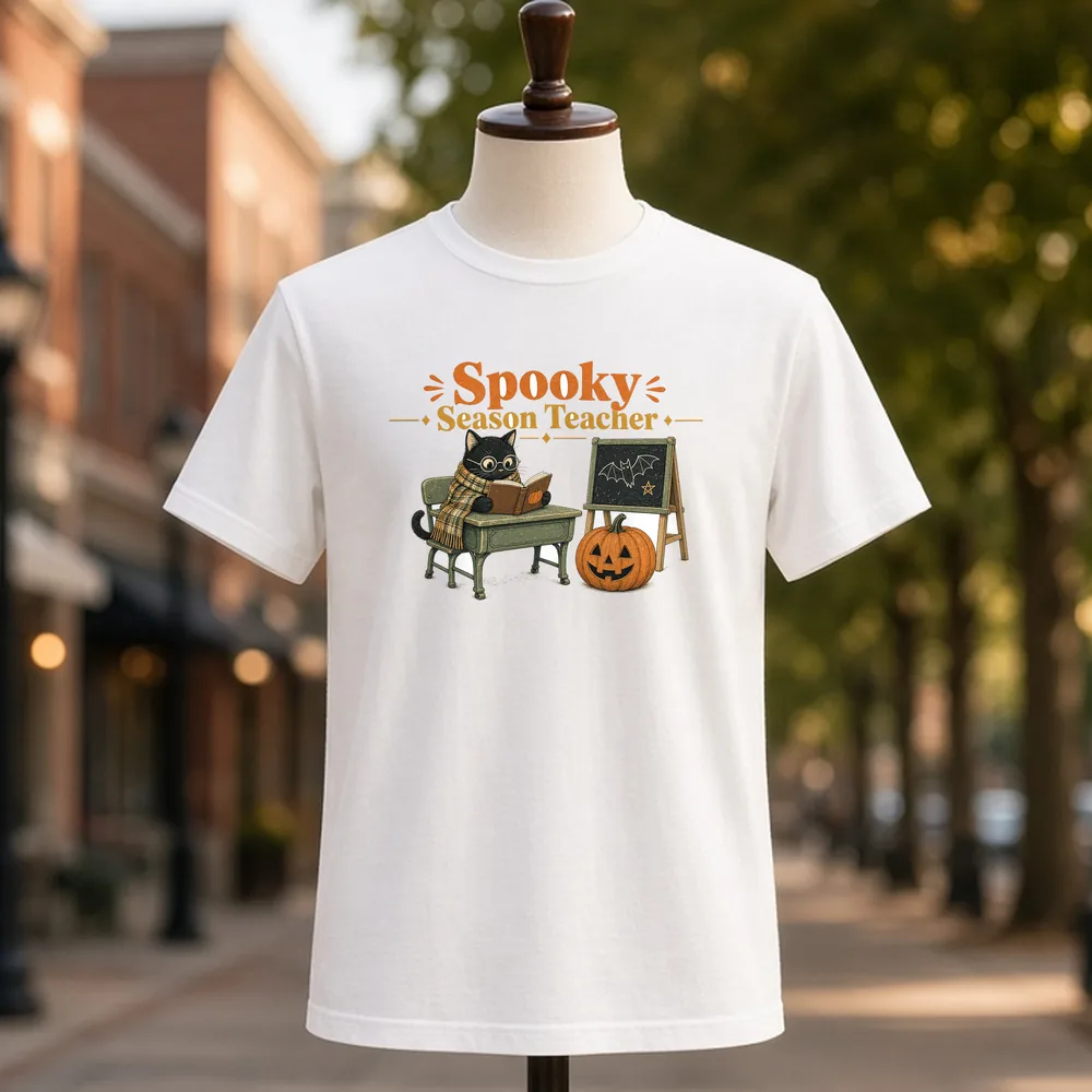Spooky Season Teacher PNG on a white t-shirt