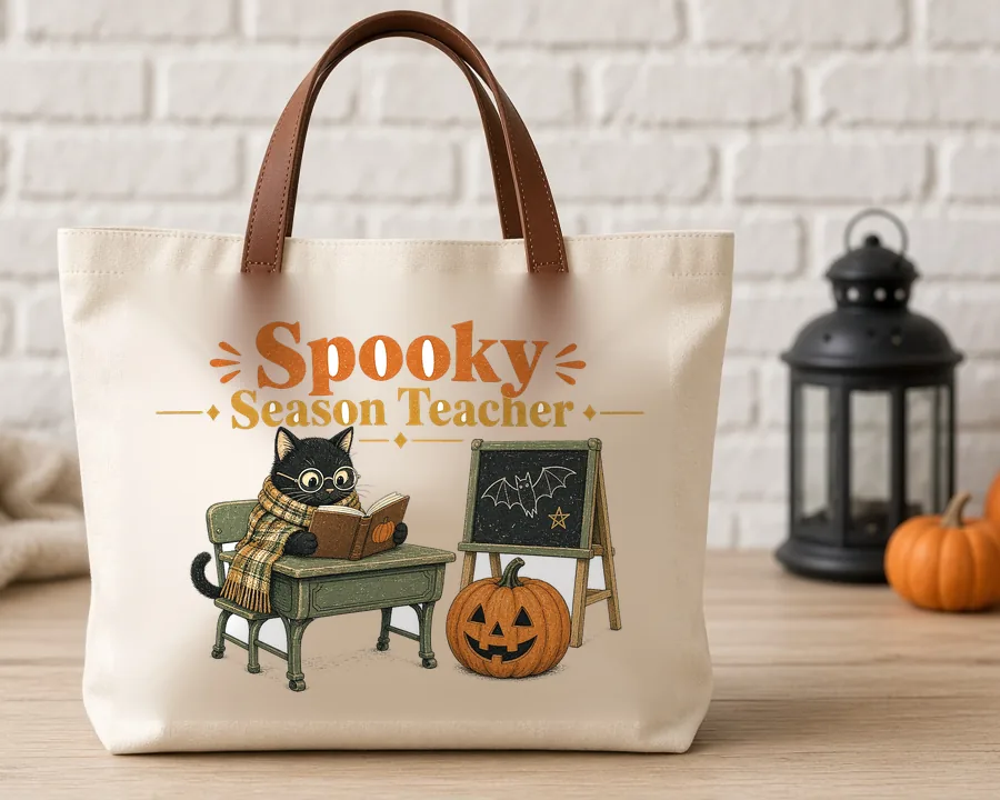 Spooky Season Teacher PNG design on a canvas tote bag