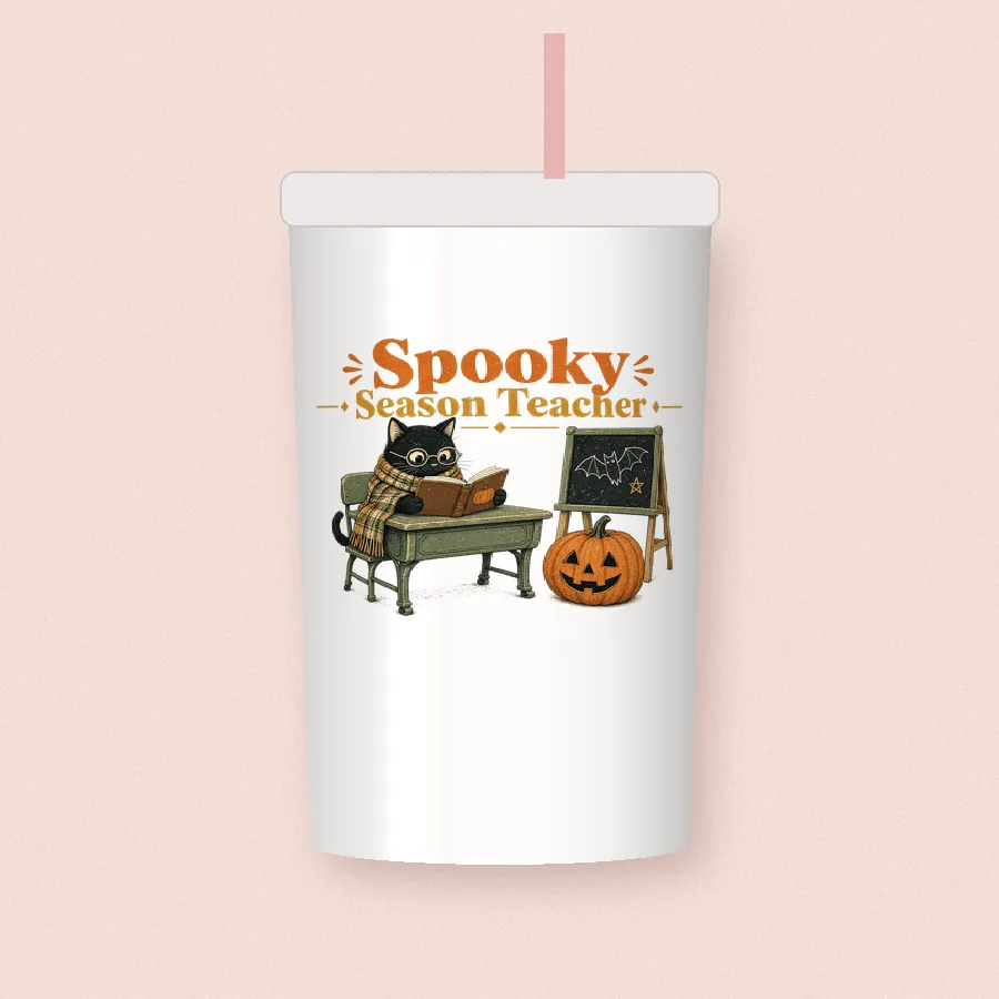 Spooky Season Teacher sublimation design on a skinny tumbler