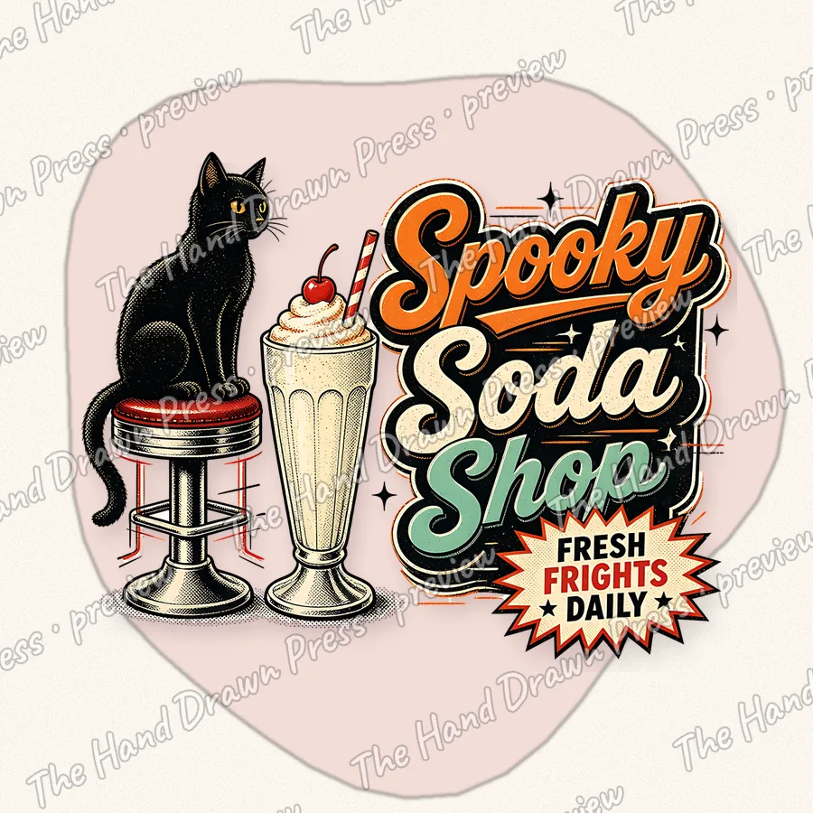 Spooky Soda Shop Black Cat hand drawn PNG design