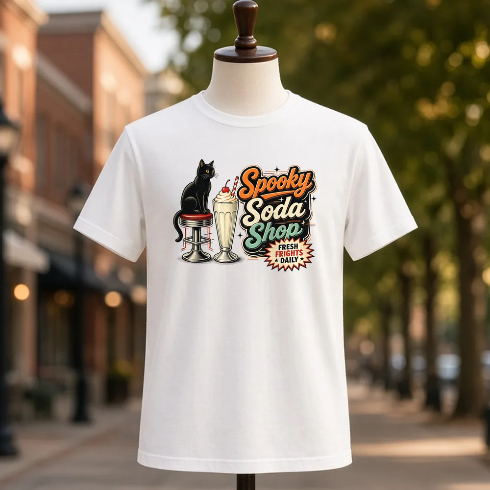 Spooky Soda Shop Black Cat PNG design on a tee