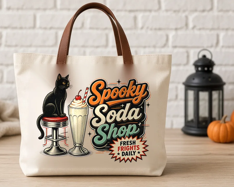 Spooky Soda Shop Black Cat PNG design on a canvas tote bag