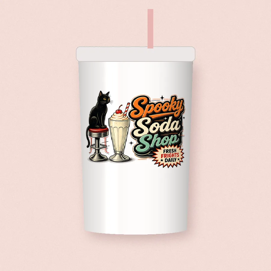 Spooky Soda Shop Black Cat sublimation design on a skinny tumbler