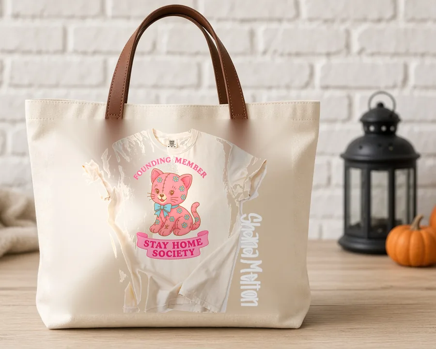 Stay Home Society Kitten design on a cotton tote bag
