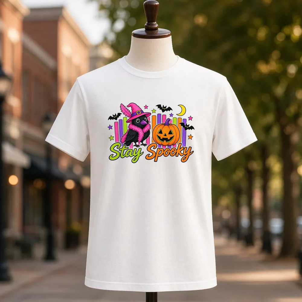 Stay Spooky Witchy Crow PNG on a white t-shirt