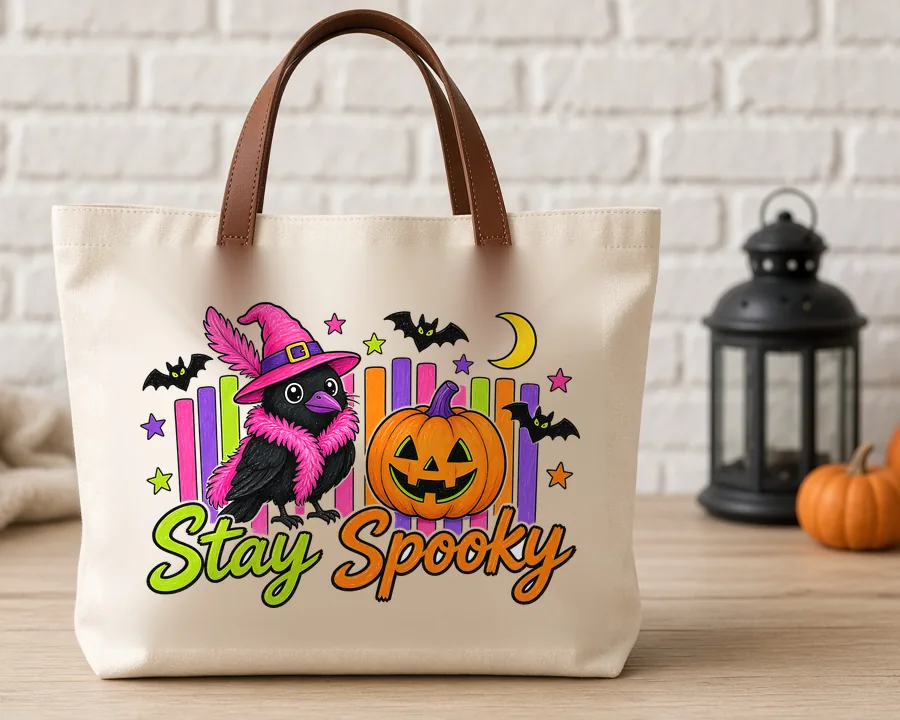 Stay Spooky Witchy Crow PNG design on a canvas tote bag