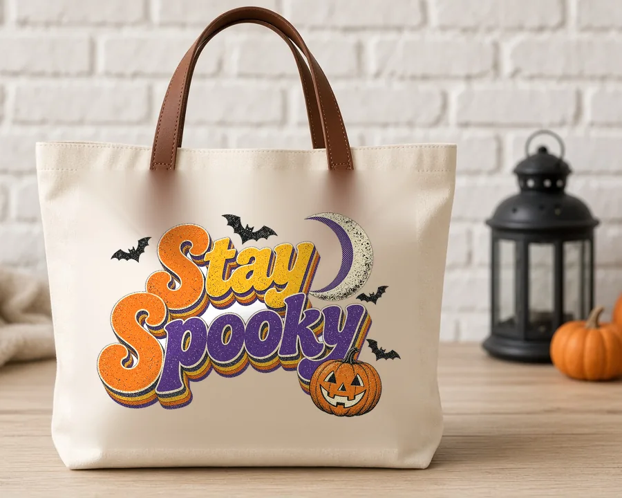 Stay Spooky Retro PNG design on a canvas tote bag