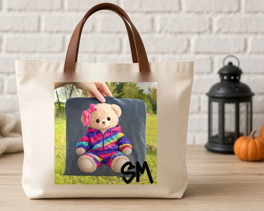 Stuffed Bear in Pajamas PNG design on a canvas tote bag