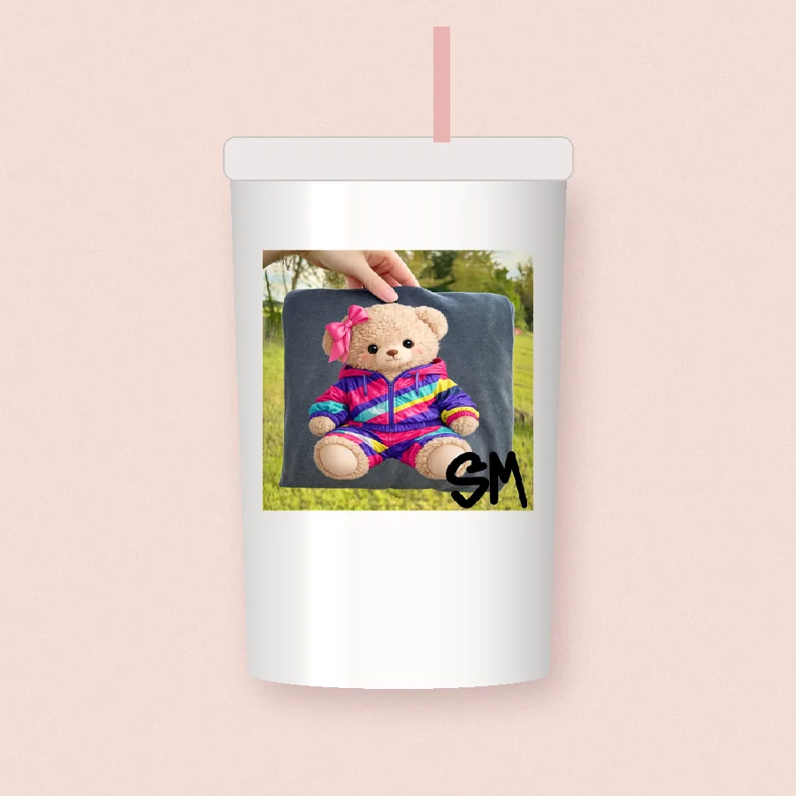 Stuffed Bear in Pajamas sublimation design on a skinny tumbler