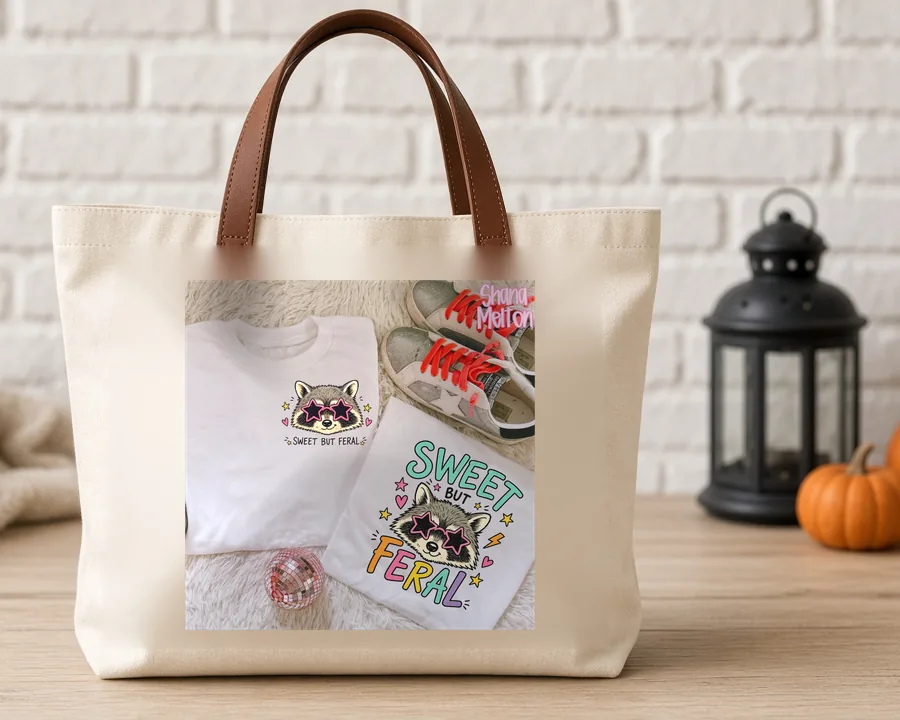 Sweet But Feral PNG design on a canvas tote bag