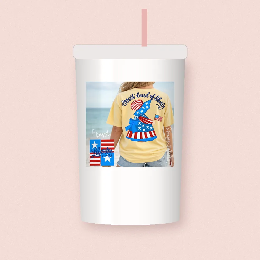 Sweet Land of Liberty sublimation design on a skinny tumbler