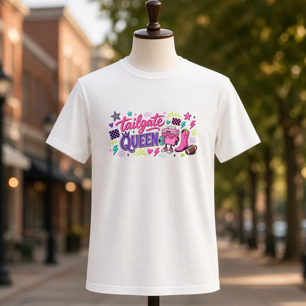 Tailgate Queen PNG on a white t-shirt