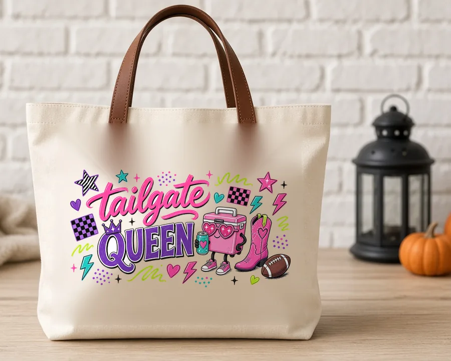 Tailgate Queen PNG design on a canvas tote bag