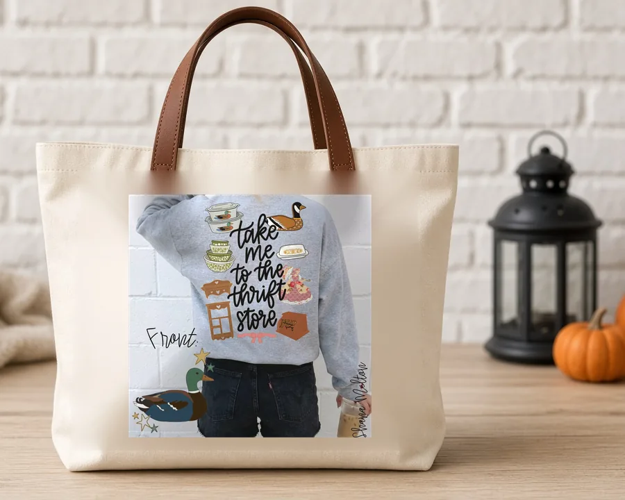 Take Me to the Thrift Store PNG design on a canvas tote bag
