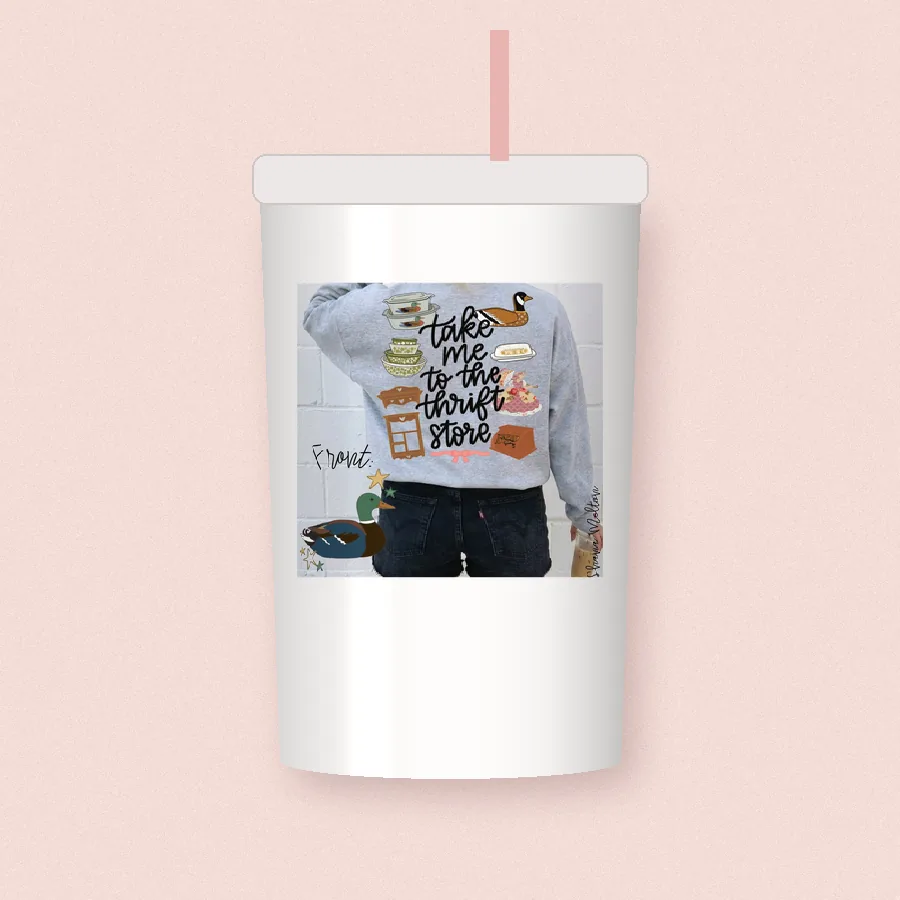 Take Me to the Thrift Store sublimation design on a skinny tumbler