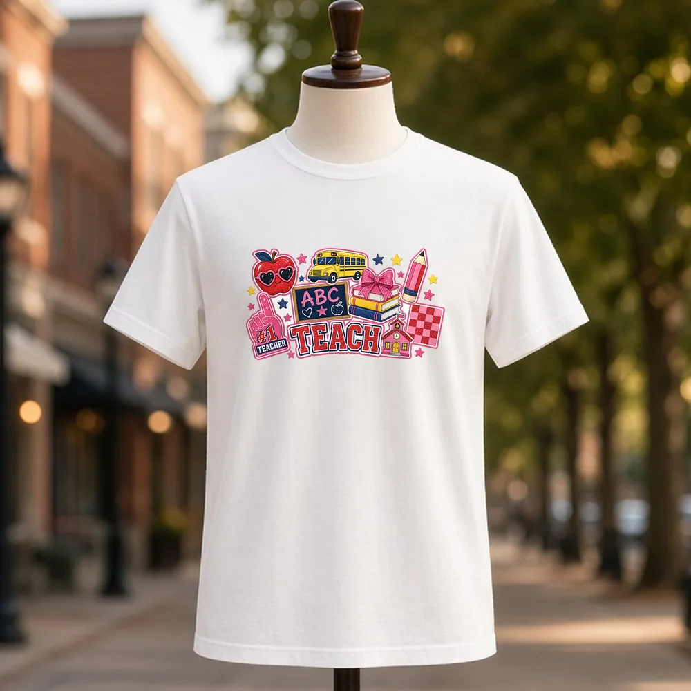 Teach Collage PNG on a white t-shirt