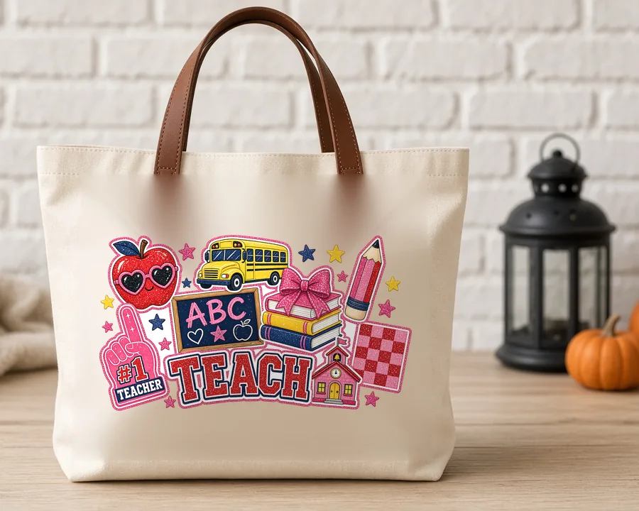 Teach Collage PNG design on a canvas tote bag