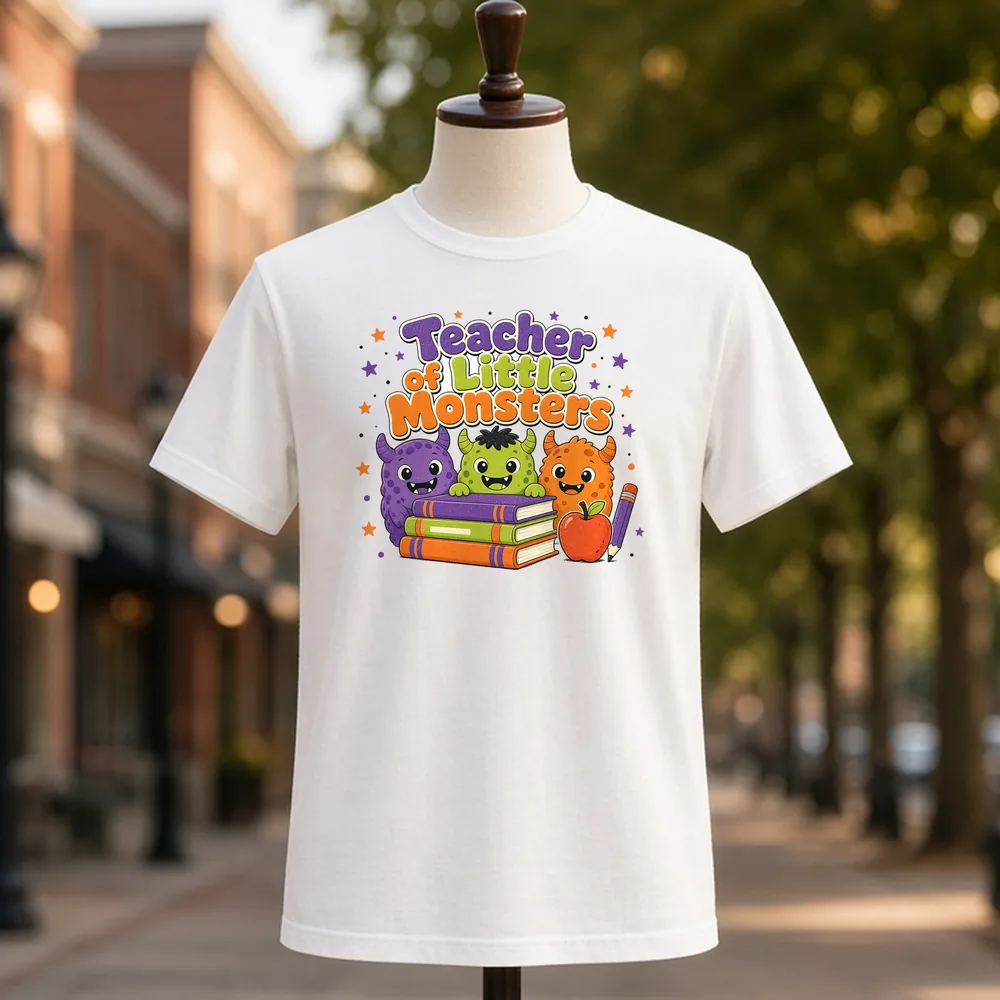 Teacher of Little Monsters PNG on a white t-shirt