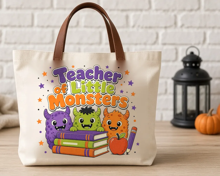 Teacher of Little Monsters PNG design on a tote