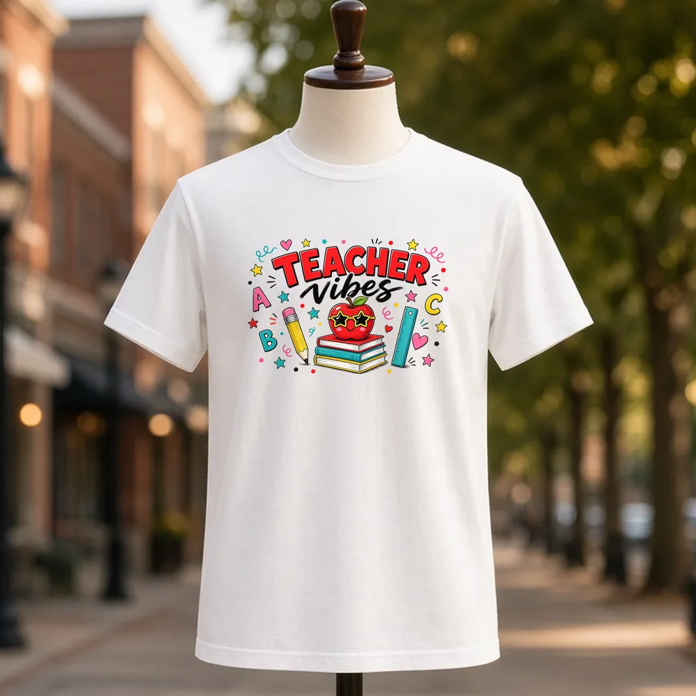 Teacher Vibes PNG on a white t-shirt
