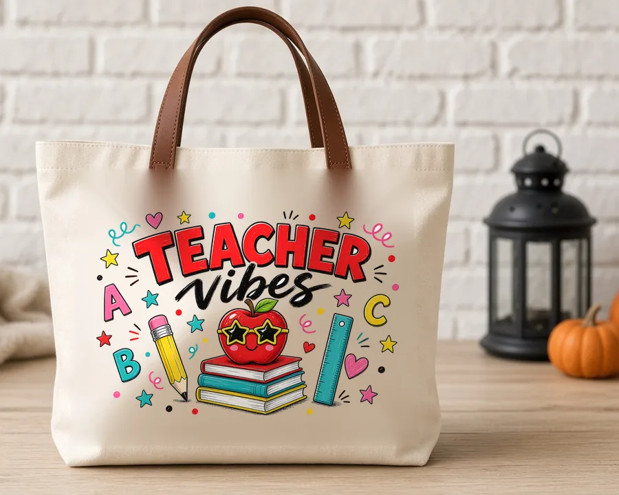 Teacher Vibes PNG design on a canvas tote bag