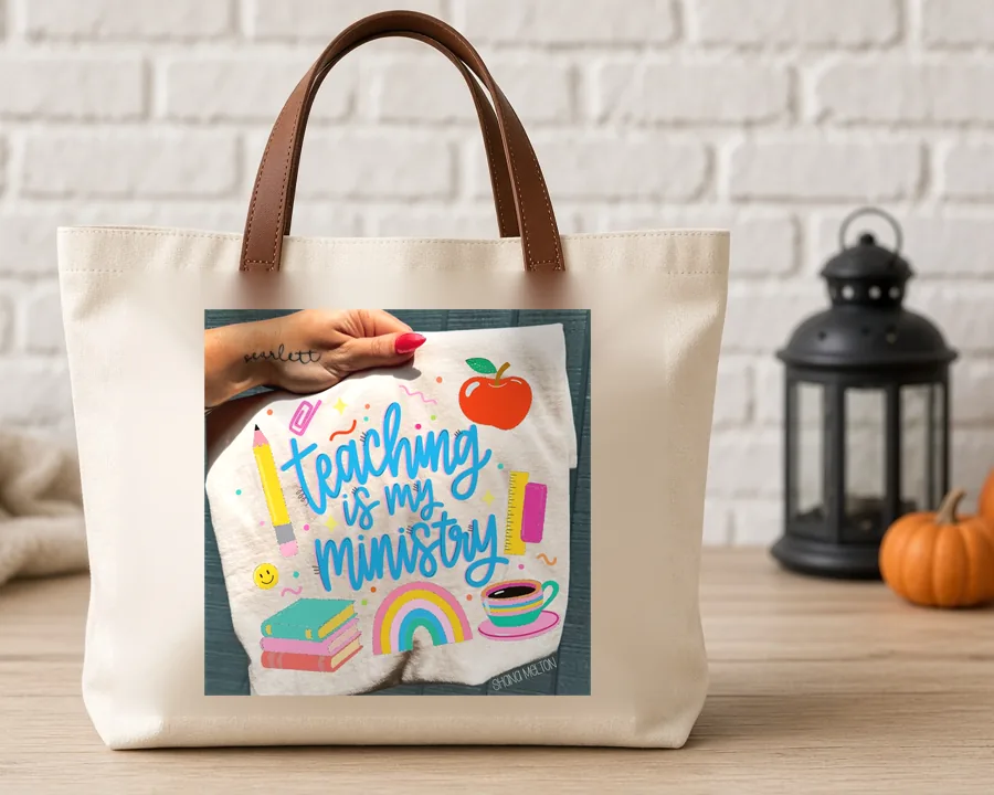 Teaching Is My Ministry PNG design on a canvas tote bag