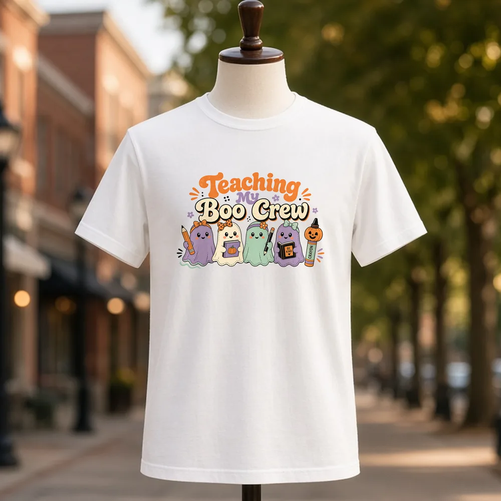 Teaching My Boo Crew PNG on a white t-shirt
