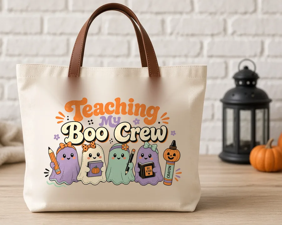 Teaching My Boo Crew PNG design on a canvas tote bag