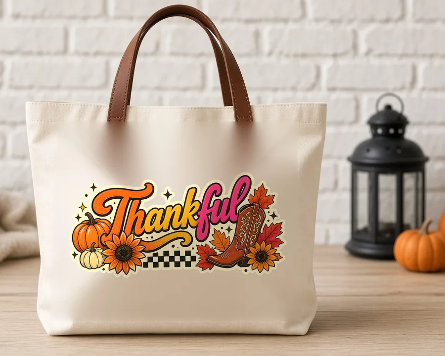 Thankful Retro Fall PNG design on a canvas tote bag