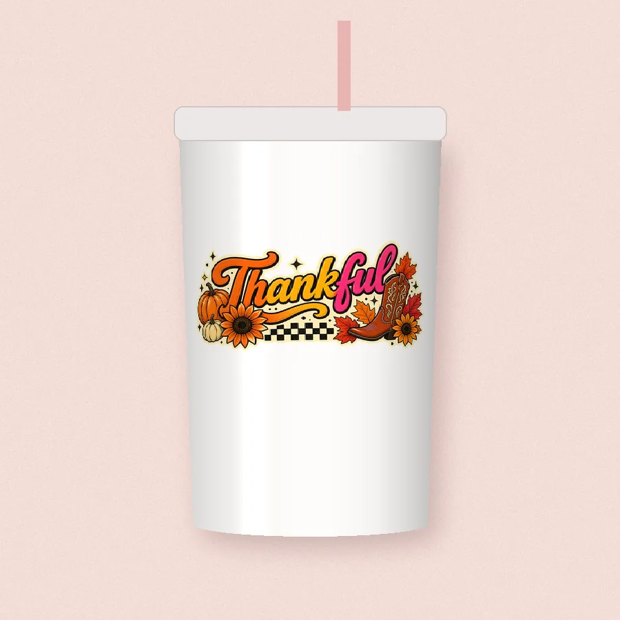 Thankful Retro Fall sublimation design on a skinny tumbler