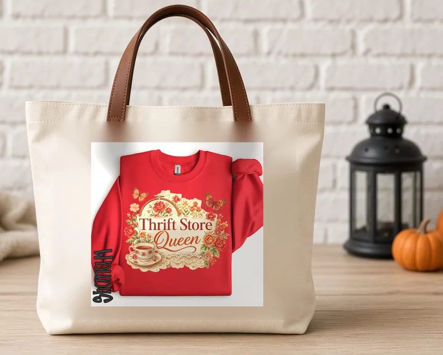 Thrift Store Queen PNG design on a canvas tote bag