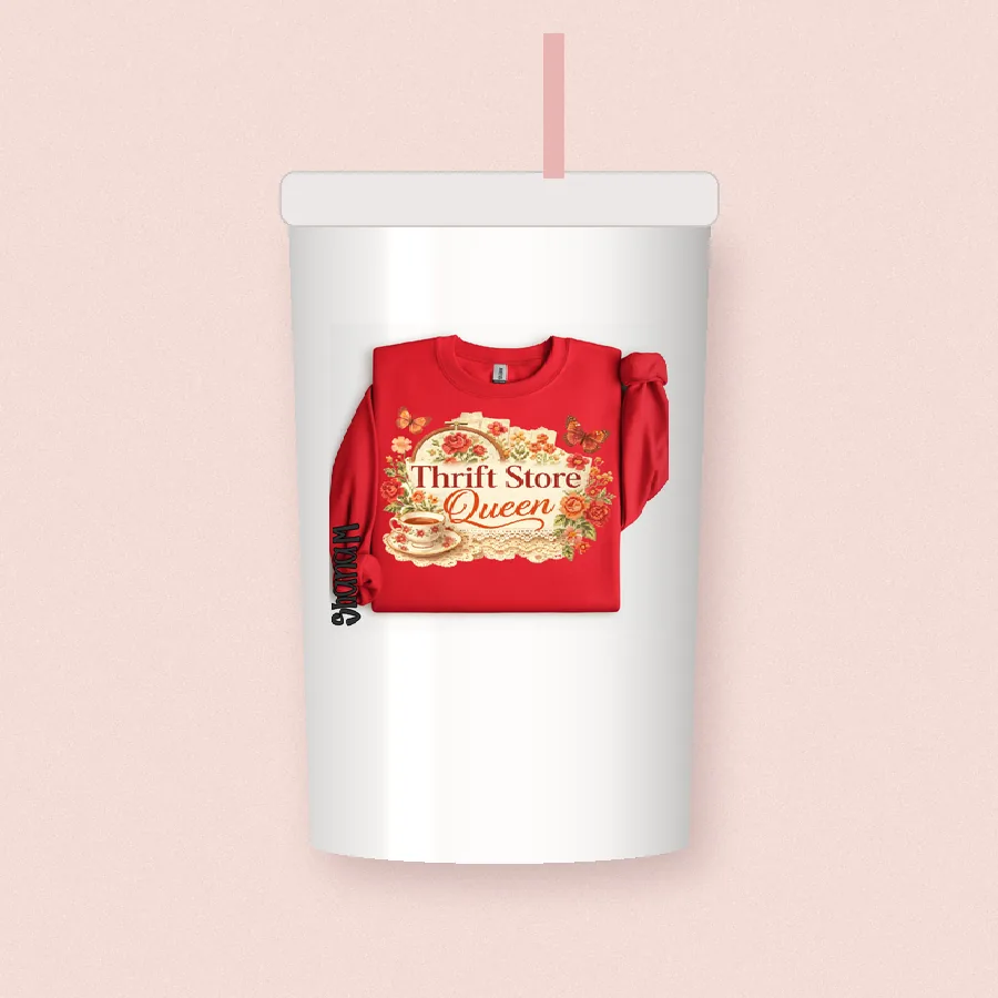 Thrift Store Queen sublimation design on a skinny tumbler