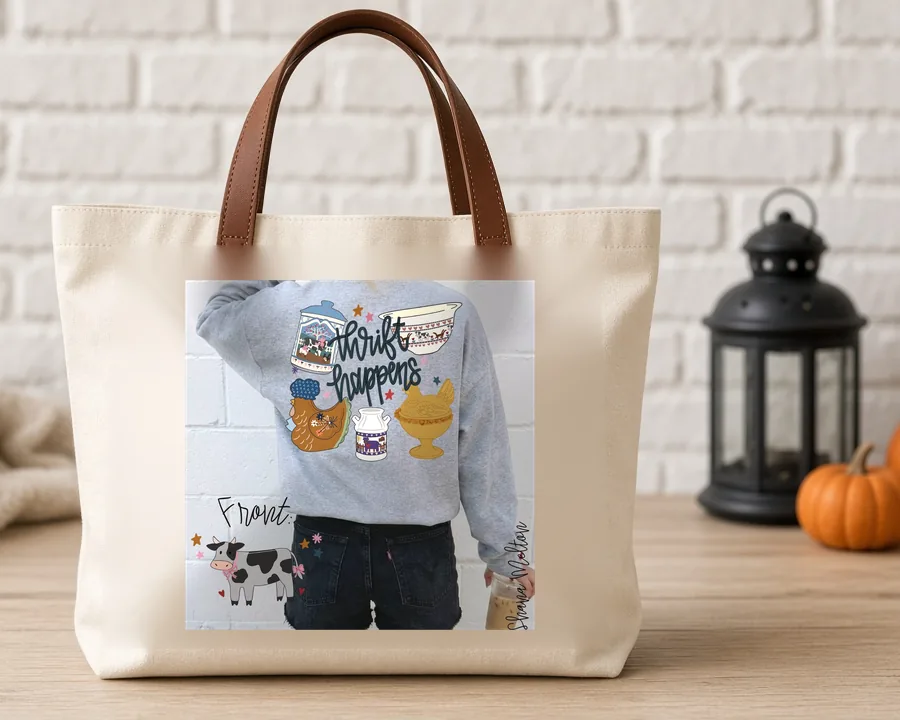 Thrifty Cow Front and Back PNG design on a canvas tote bag