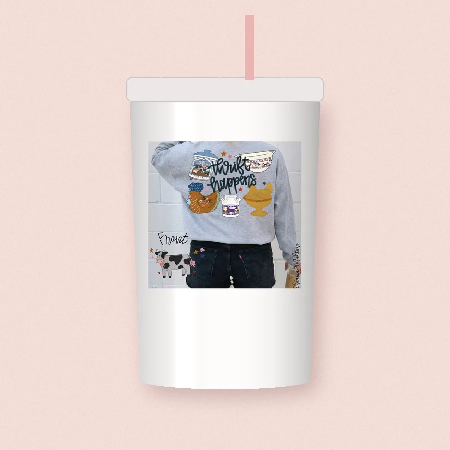 Thrifty Cow Front and Back sublimation design on a skinny tumbler
