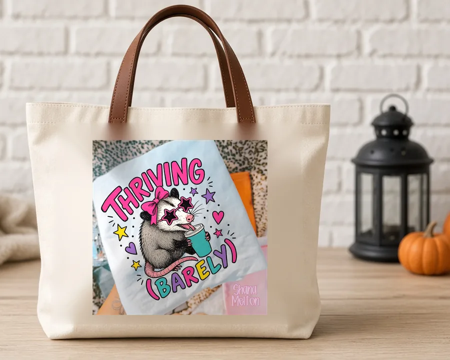 Thriving Barely Possum PNG design on a canvas tote bag