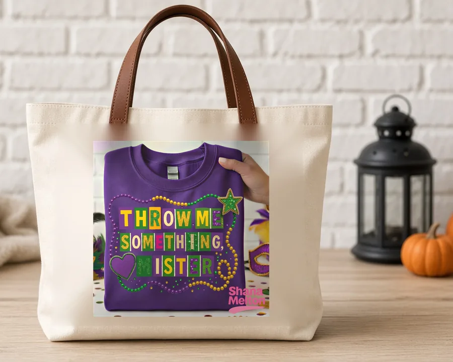 Throw Me Something Mister PNG design on a canvas tote bag
