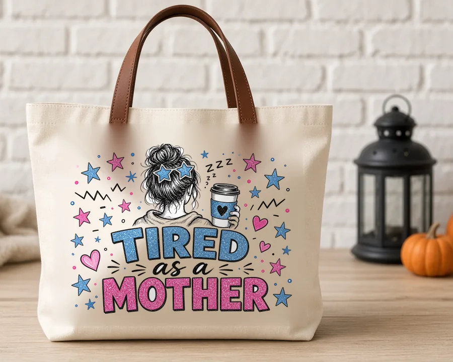 Tired as a Mother PNG design on a canvas tote bag