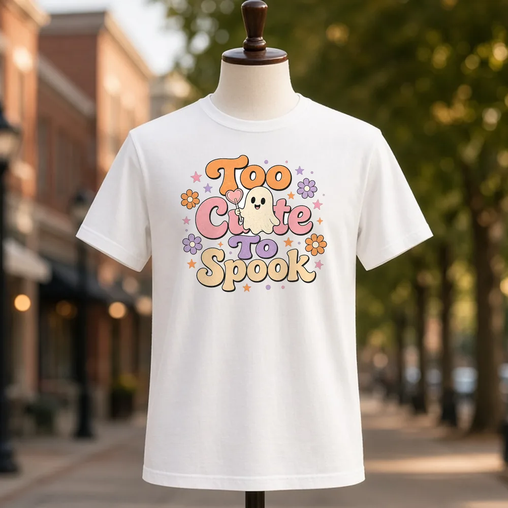 Too Cute to Spook PNG on a white t-shirt